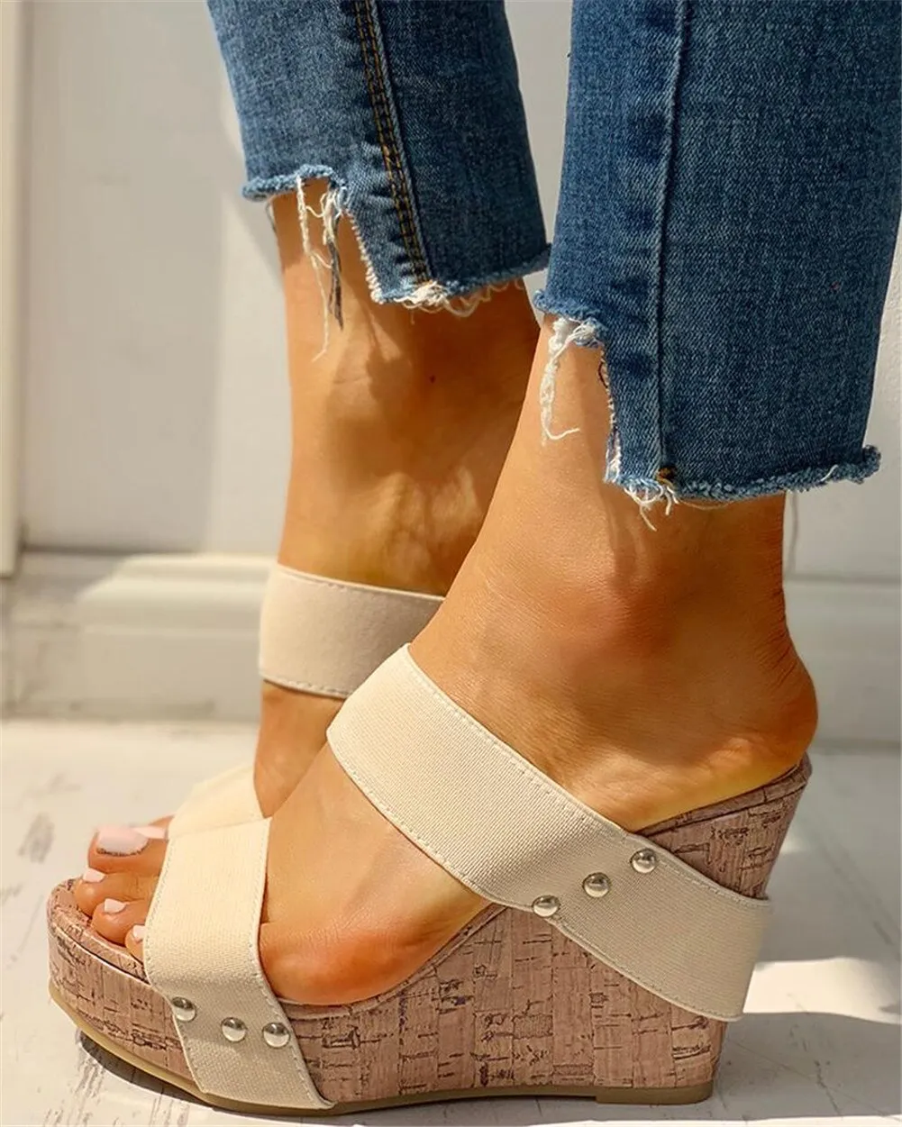 Amozae Summer Women Striped Sandals Platform Wedges High Heel Peep Toe Slip on Casual Fashion Beach Ladies Shoes Zapatos De Mujer