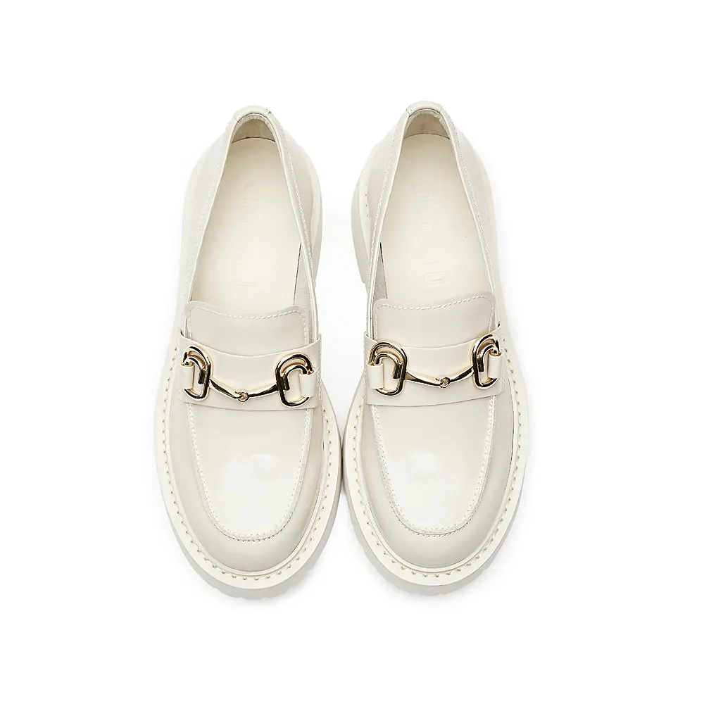 Beige Leather Horsebit Loafers