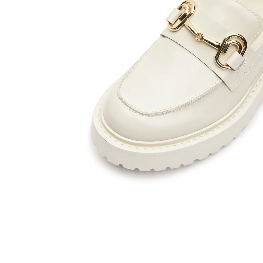 Beige Leather Horsebit Loafers