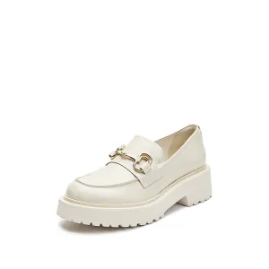 Beige Leather Horsebit Loafers