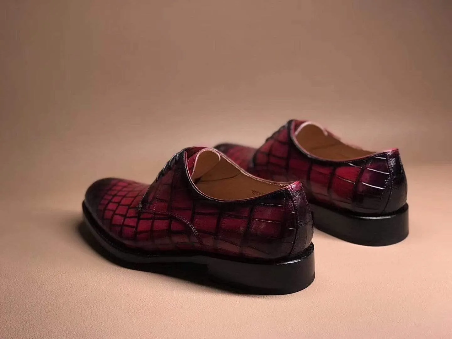 Crocodile Shoes Peach Crocodile Leather Lace Up Shoes