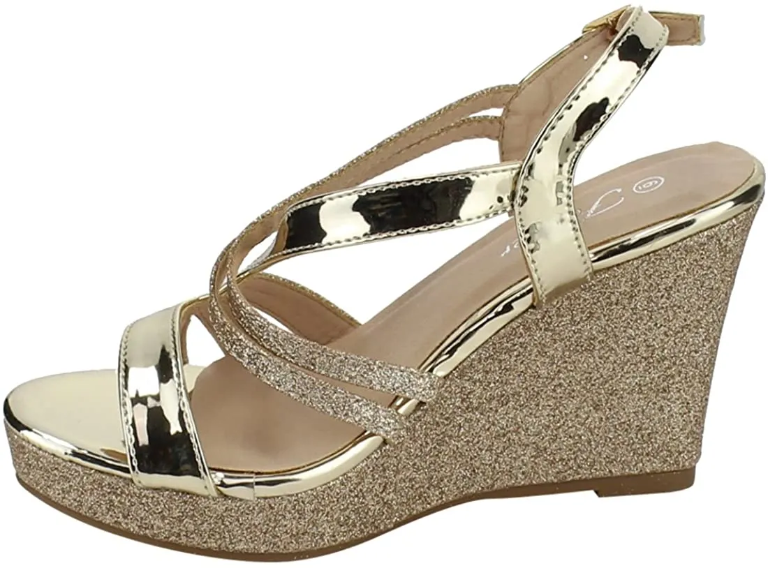 Forever Happy-09 Gold Glitter Strappy Wrapped Ankle Wedge Heel Platform Sandals
