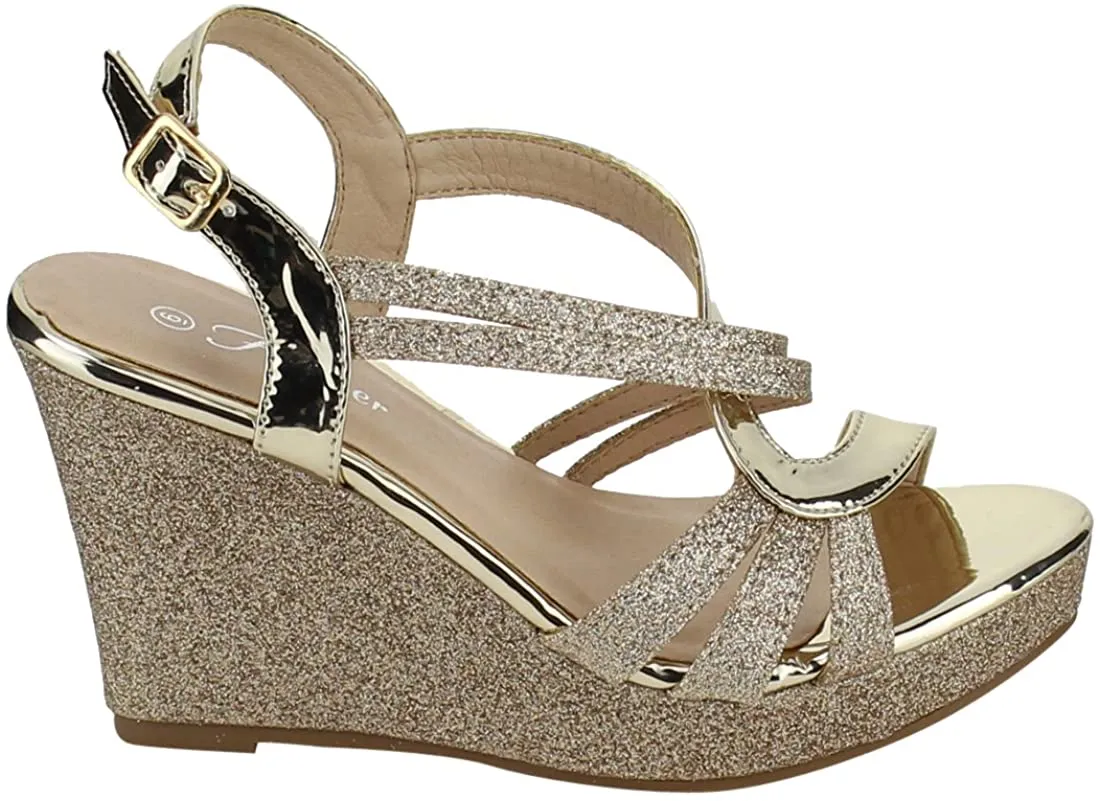 Forever Happy-09 Gold Glitter Strappy Wrapped Ankle Wedge Heel Platform Sandals