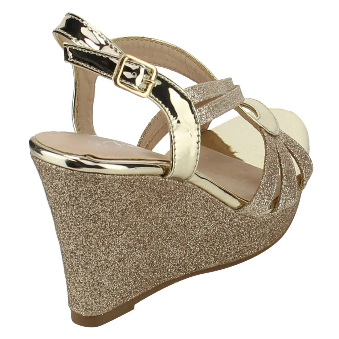 Forever Happy-09 Gold Glitter Strappy Wrapped Ankle Wedge Heel Platform Sandals
