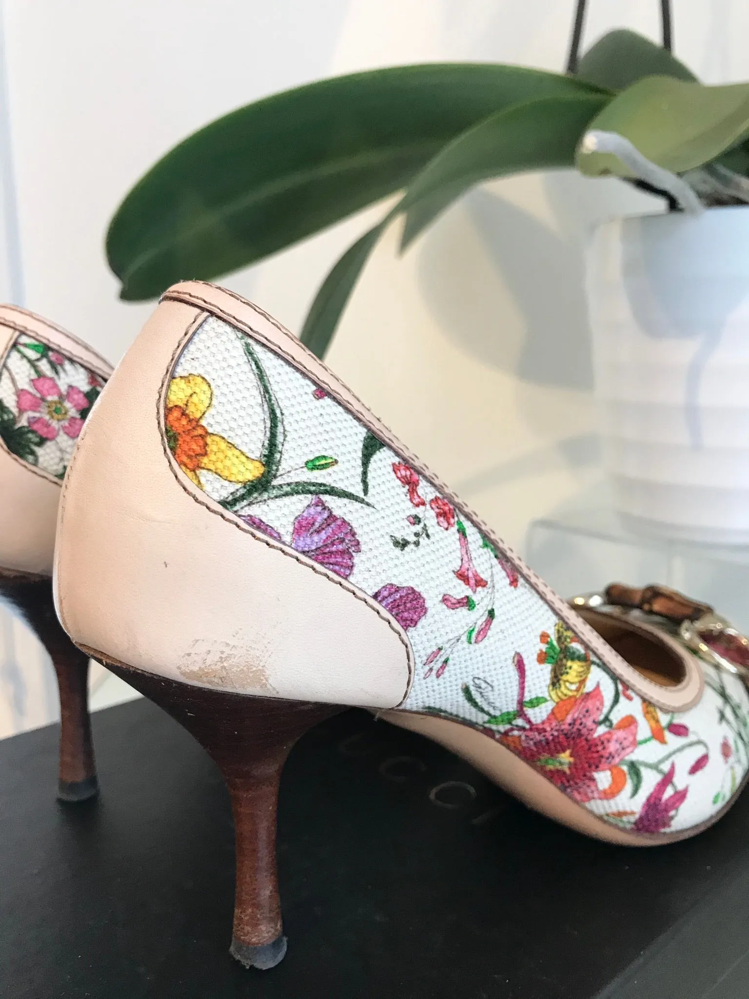 GUCCI Floral Canvas Leather Multicolour Bamboo Horsebit Mid Heel Pumps