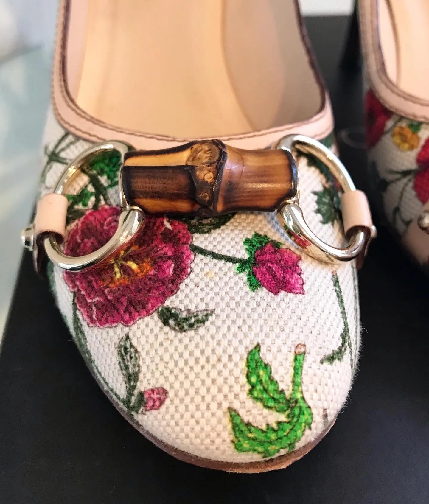 GUCCI Floral Canvas Leather Multicolour Bamboo Horsebit Mid Heel Pumps