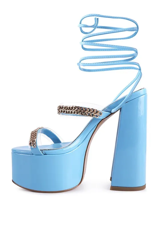Indulgence Metal Chain Lace up Leg Platform Sandals