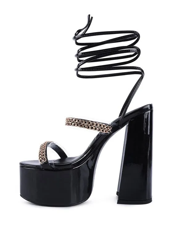 Indulgence Metal Chain Lace up Leg Platform Sandals