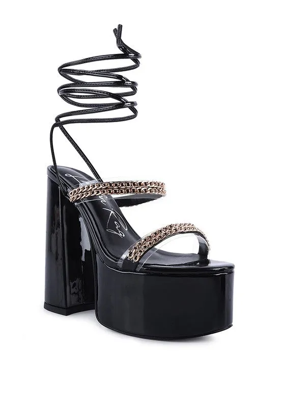 Indulgence Metal Chain Lace up Leg Platform Sandals