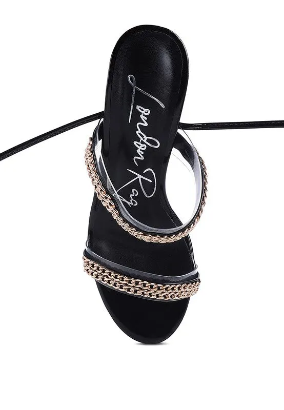 Indulgence Metal Chain Lace up Leg Platform Sandals
