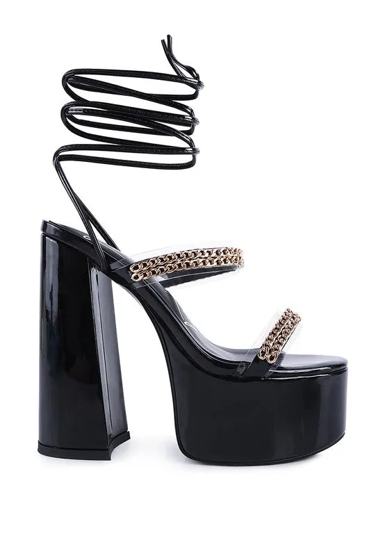 Indulgence Metal Chain Lace up Leg Platform Sandals