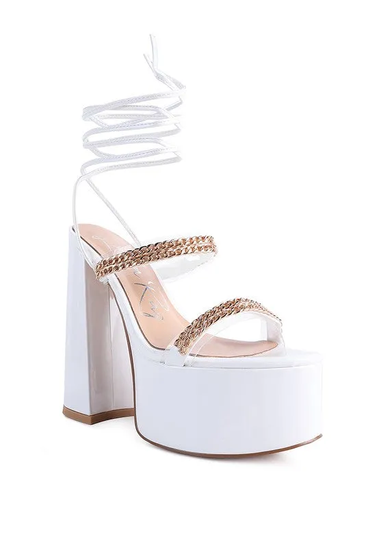 Indulgence Metal Chain Lace up Leg Platform Sandals