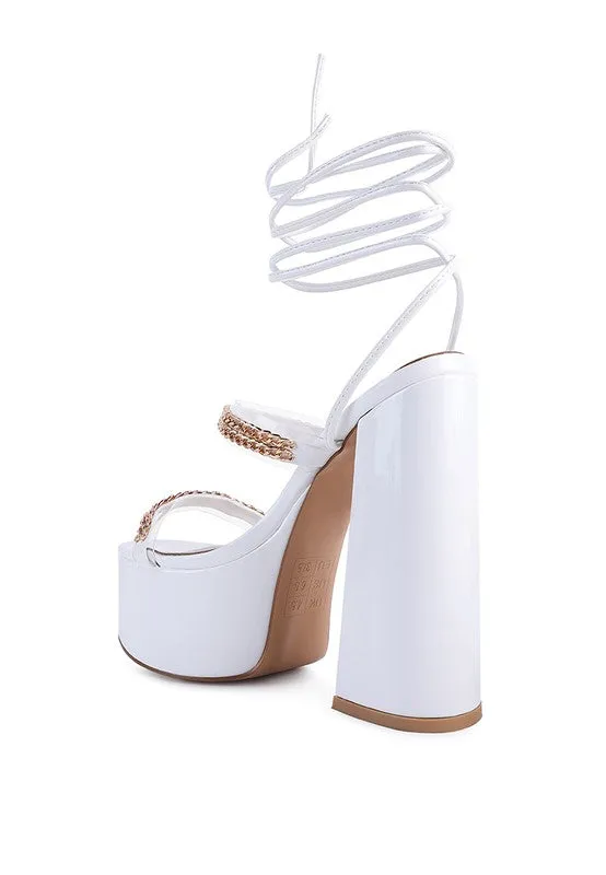 Indulgence Metal Chain Lace up Leg Platform Sandals