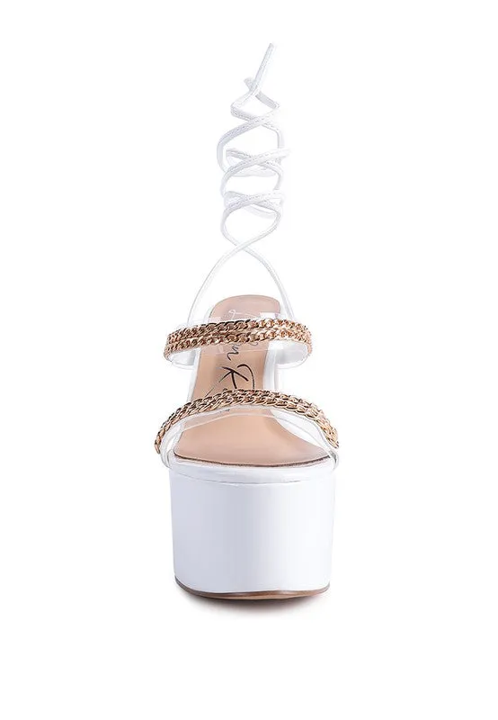 Indulgence Metal Chain Lace up Leg Platform Sandals