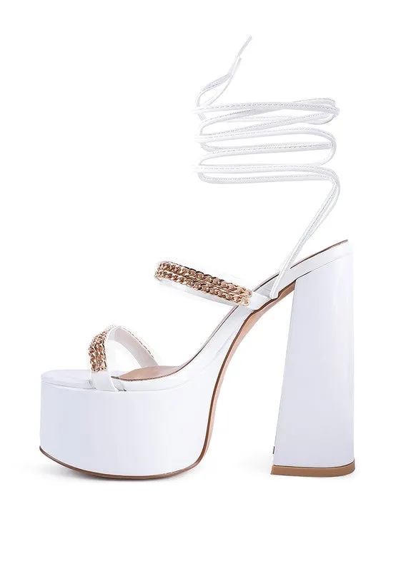 Indulgence Metal Chain Lace up Leg Platform Sandals