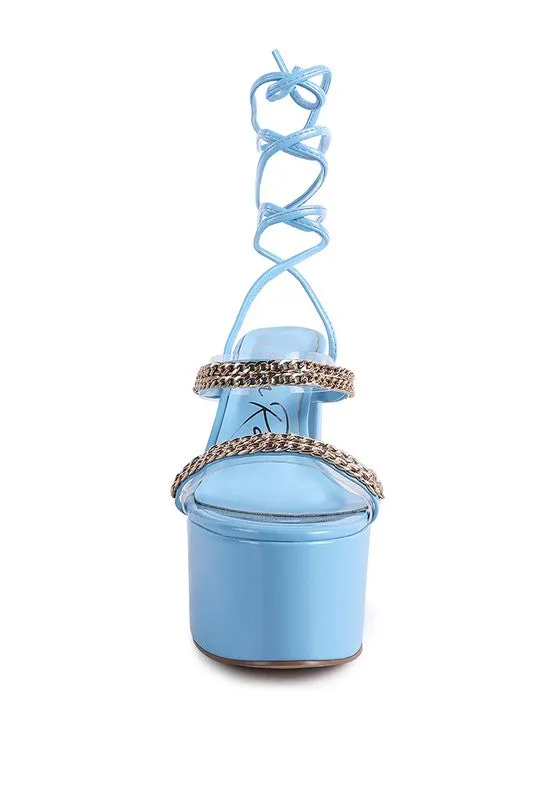 Indulgence Metal Chain Lace up Leg Platform Sandals