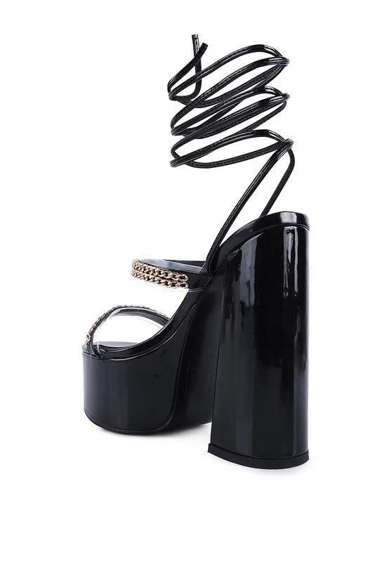 Indulgence Metal Chain Lace up Leg Platform Sandals