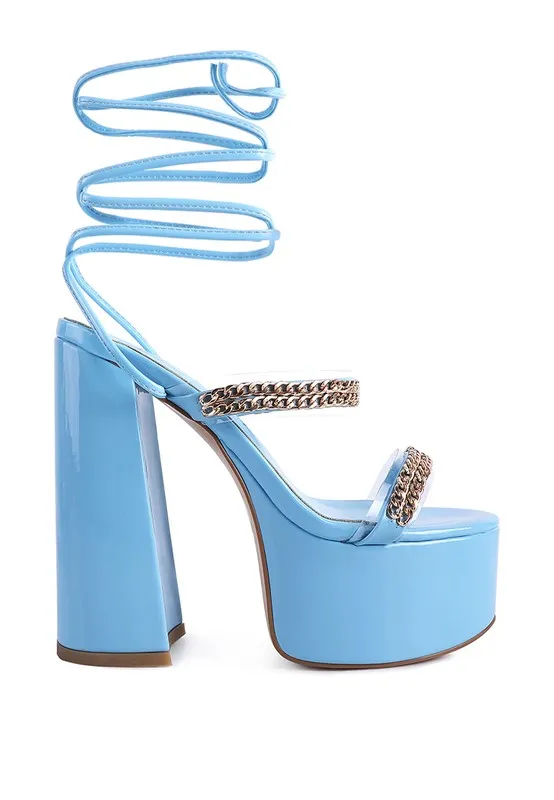 Indulgence Metal Chain Lace up Leg Platform Sandals