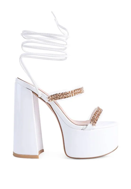 Indulgence Metal Chain Lace up Leg Platform Sandals