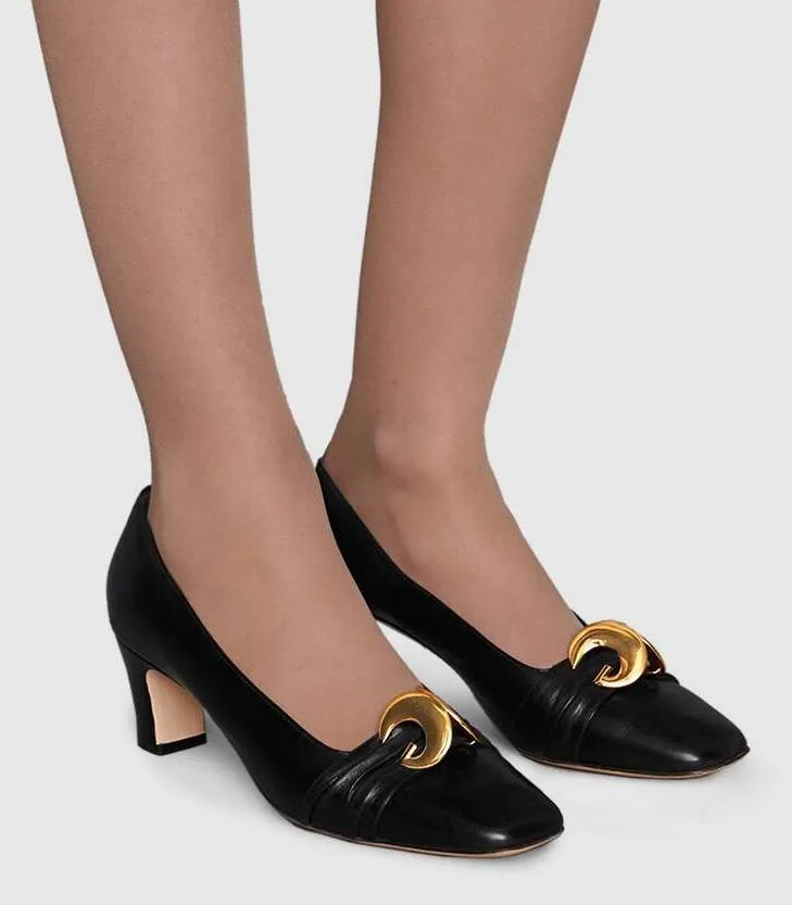 Leather Mid-Heel Pump with Half Moon GG