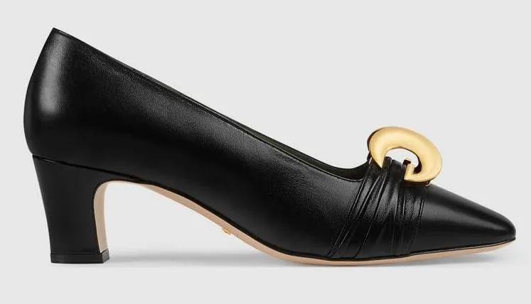 Leather Mid-Heel Pump with Half Moon GG