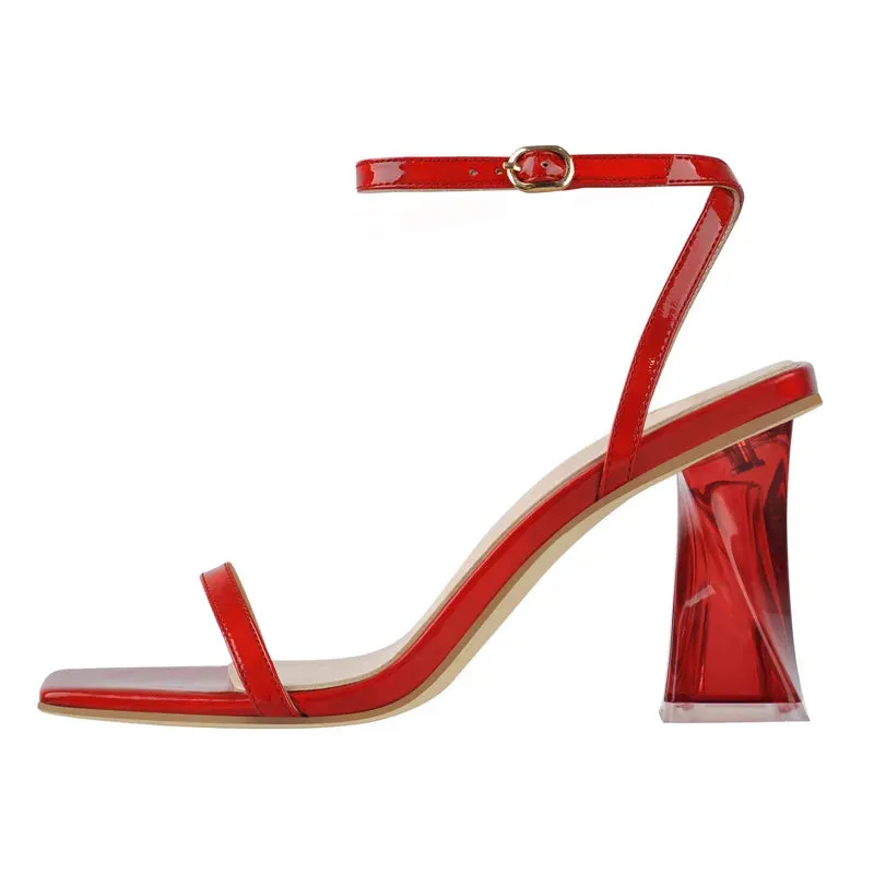 Patent Leather Square Peep Toe Ankle Buckle High Heels Sandals