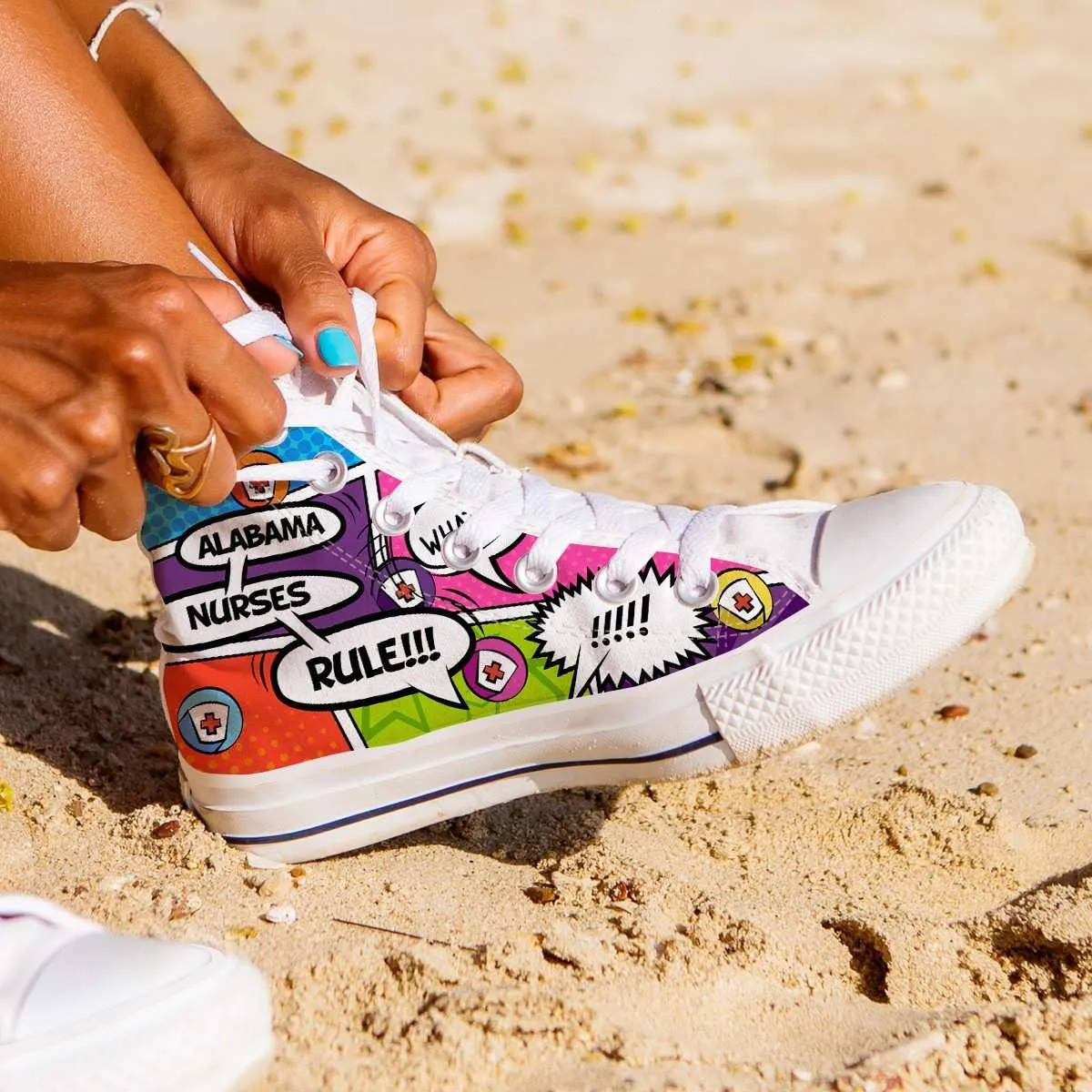 Personalize it! Nurse Themed Comic Strip Canvas High Top Shoes (Your Text in 3 Main Bubbles)