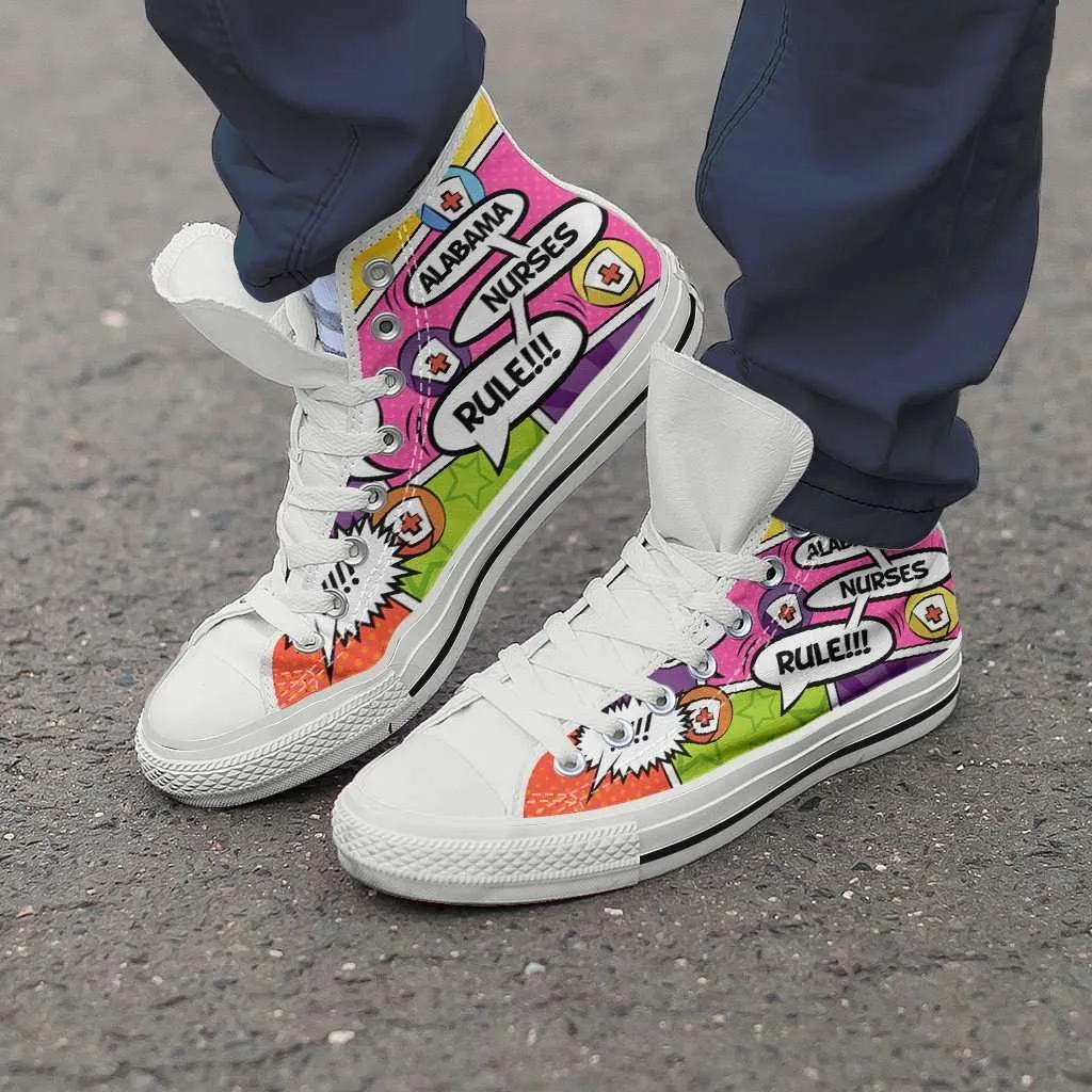 Personalize it! Nurse Themed Comic Strip Canvas High Top Shoes (Your Text in 3 Main Bubbles)