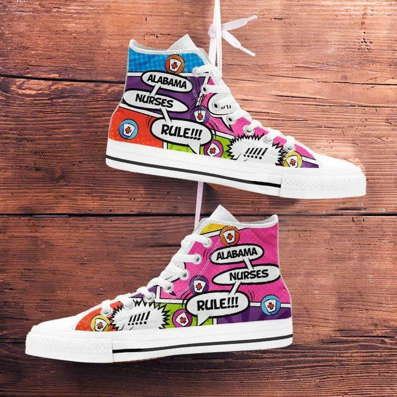 Personalize it! Nurse Themed Comic Strip Canvas High Top Shoes (Your Text in 3 Main Bubbles)