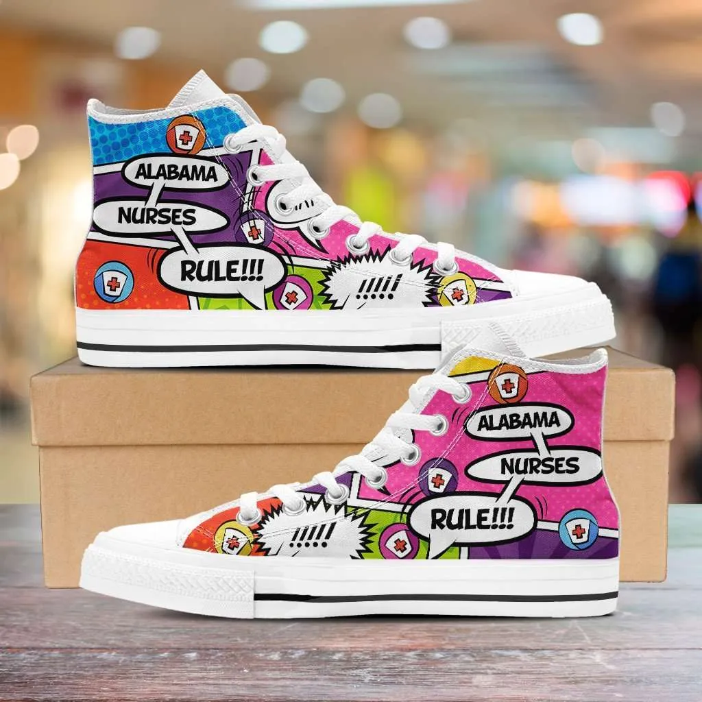 Personalize it! Nurse Themed Comic Strip Canvas High Top Shoes (Your Text in 3 Main Bubbles)