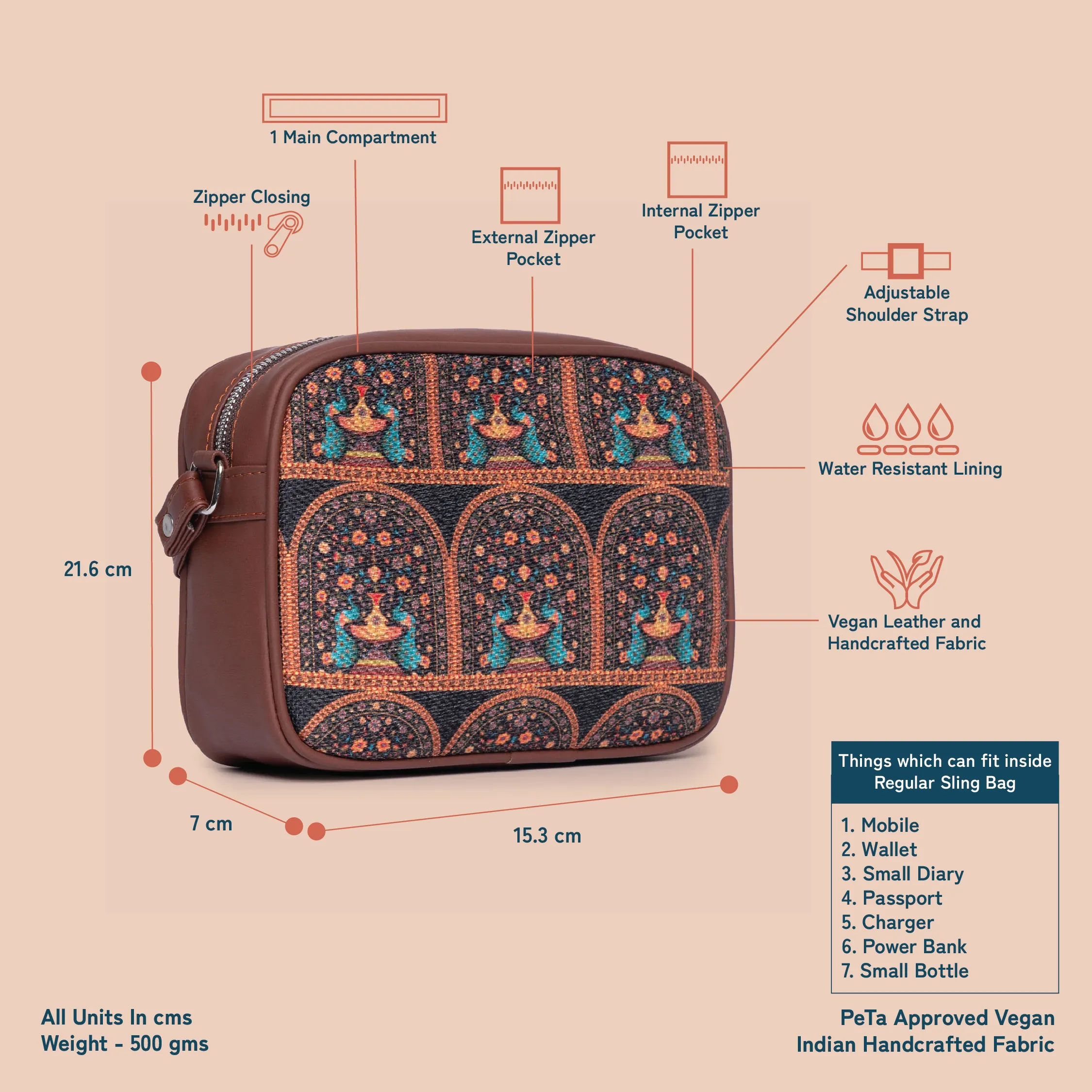 Royal Indian Peacock Motif Sling Bag