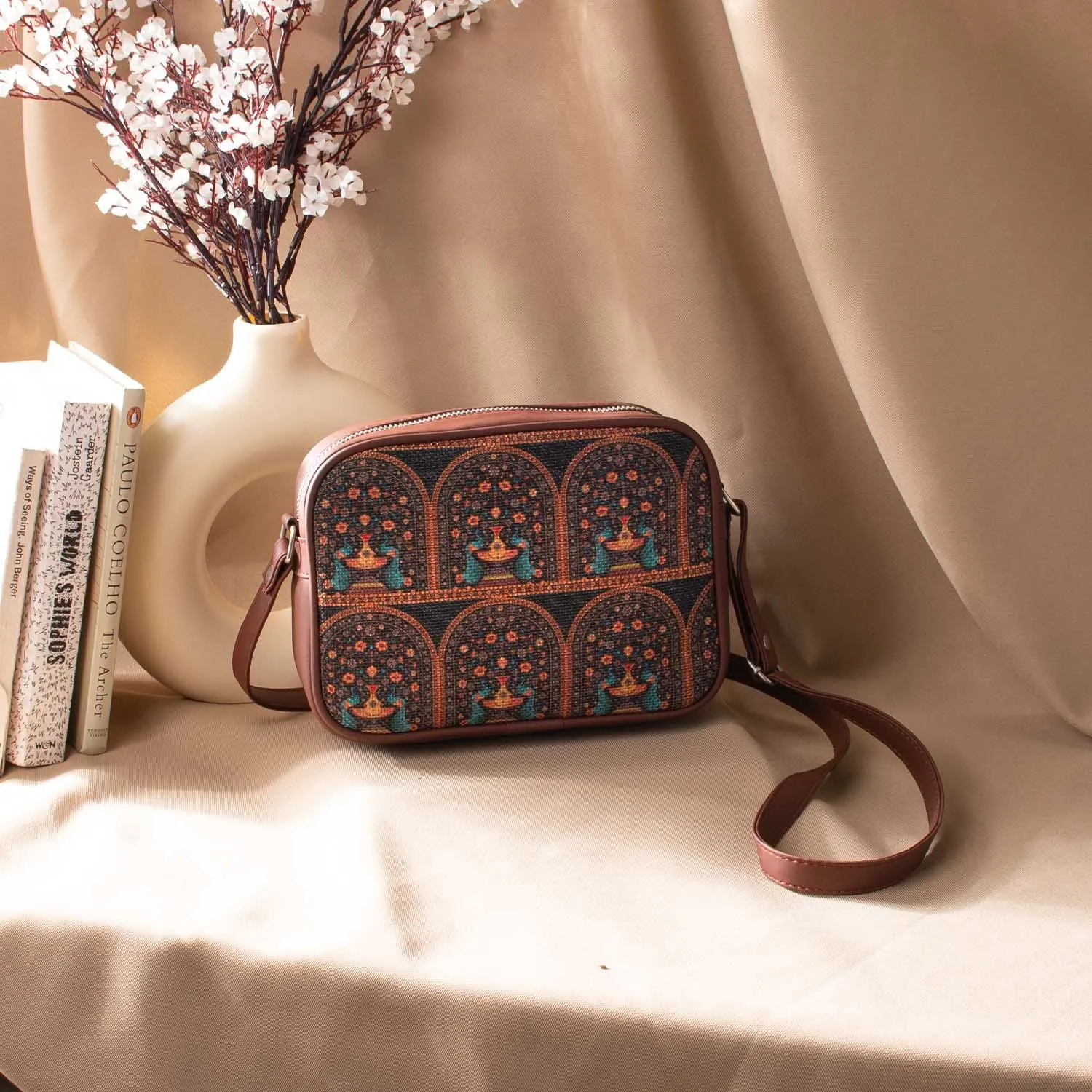 Royal Indian Peacock Motif Sling Bag