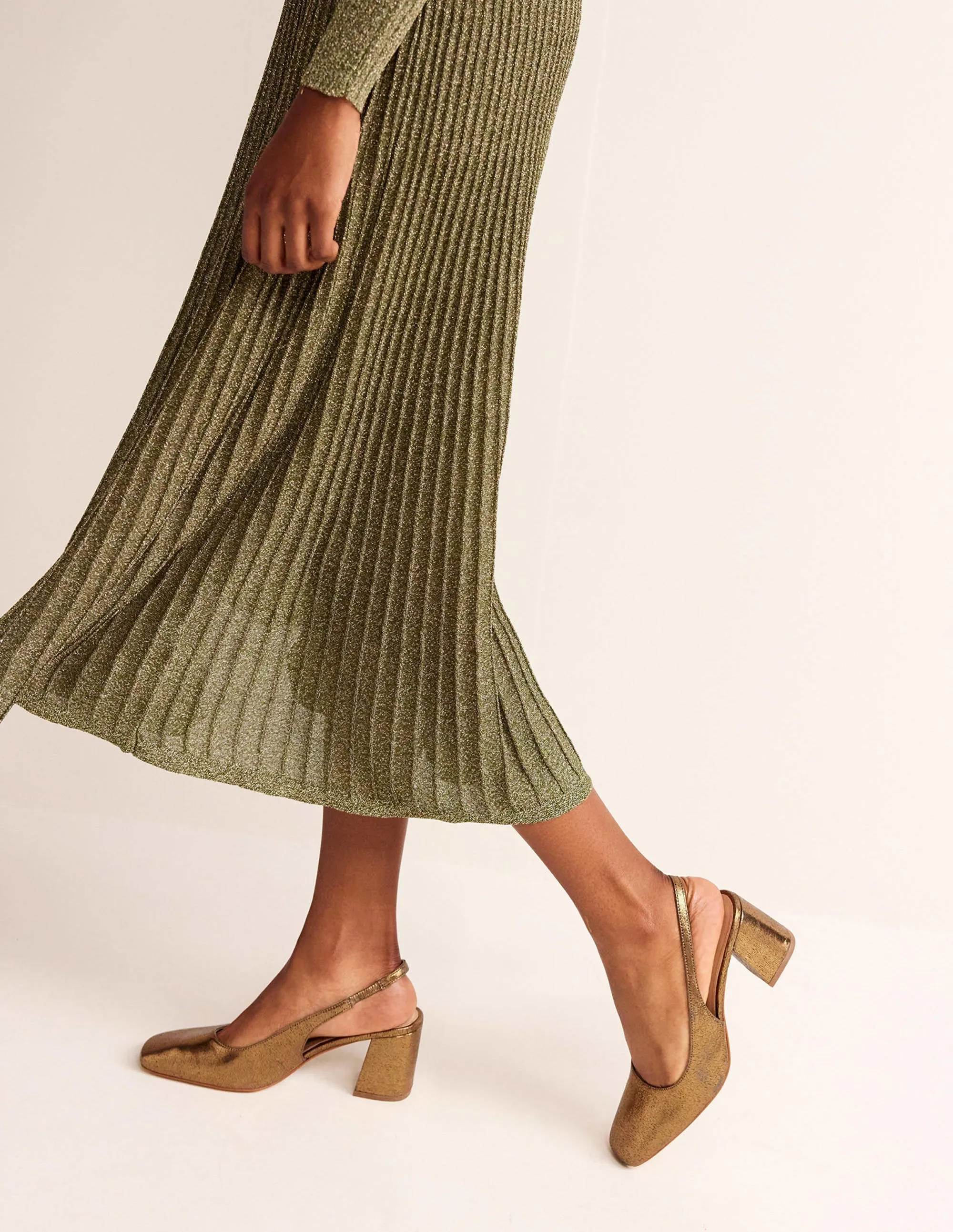 Slingback Mid-Heel Pumps-Gold Metallic Leather