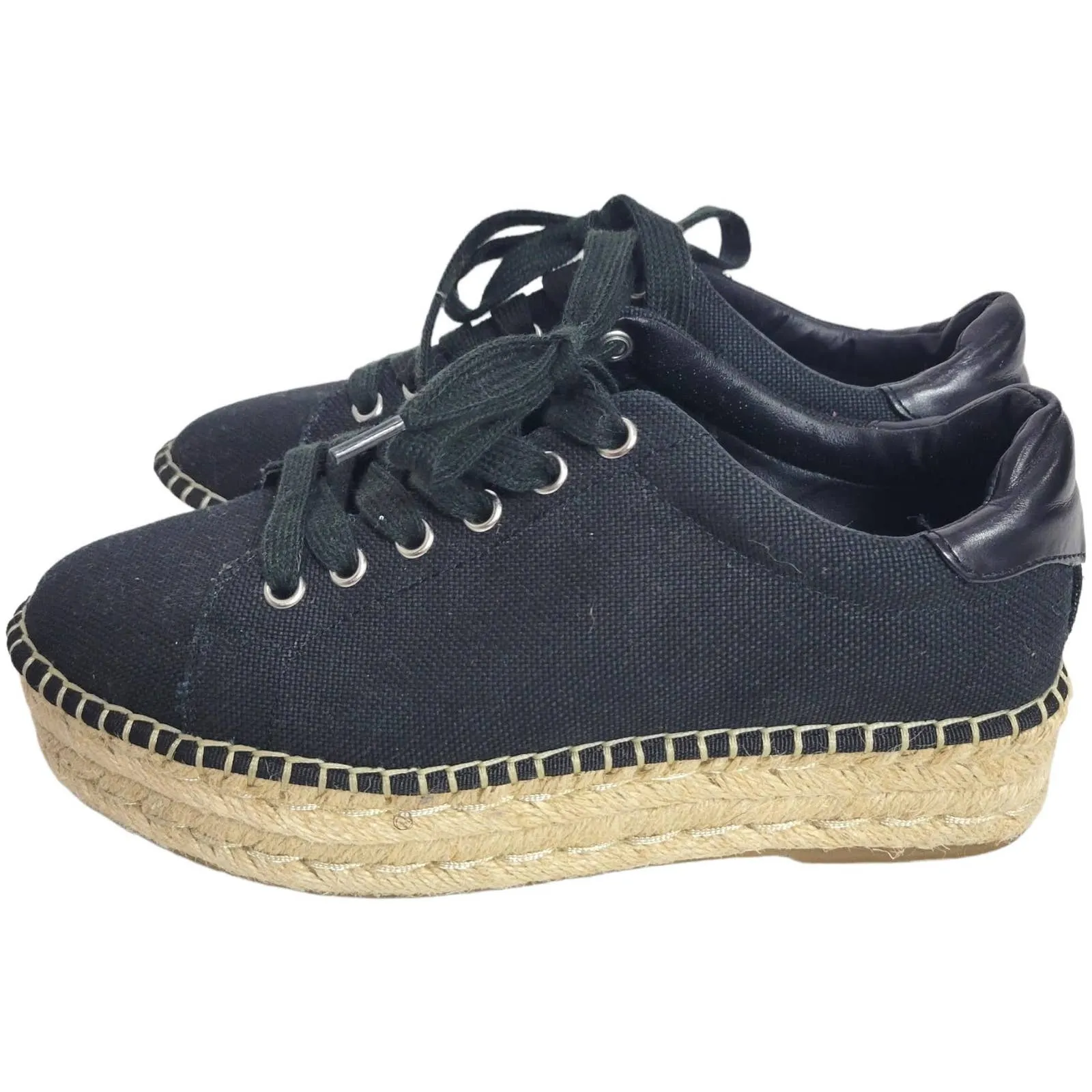 Steve Madden Attitude Espadrille Flatform Shoes Black Canvas Sneakers Size 8.5