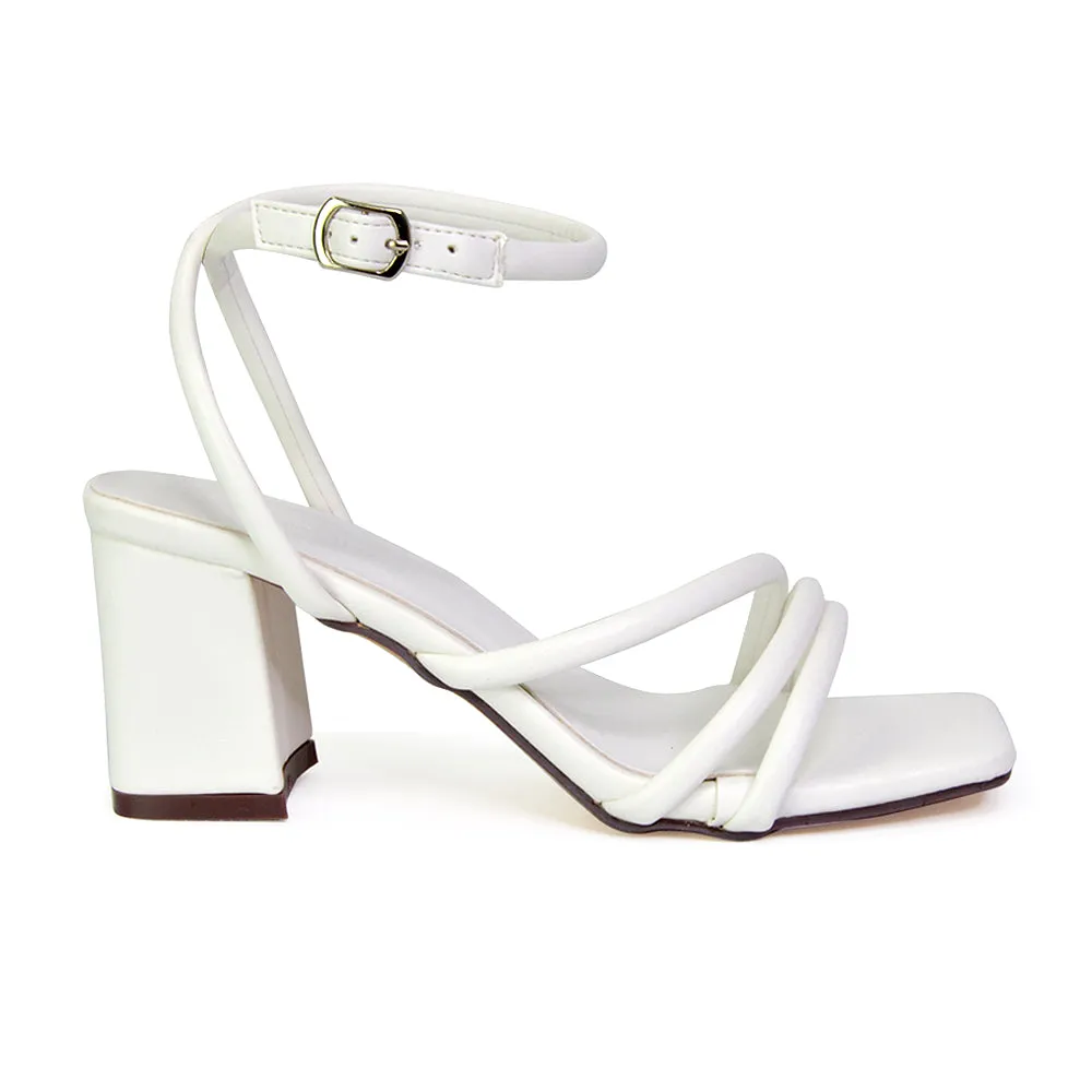 Trixie Square Toe Buckle Up Ankle Strappy Mid Block Heel Sandals in Orange