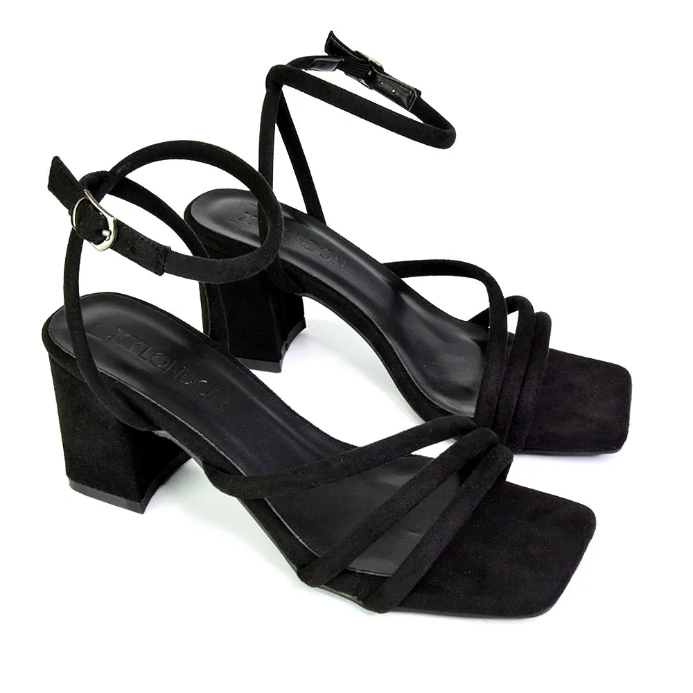 Trixie Square Toe Buckle Up Ankle Strappy Mid Block Heel Sandals in Orange