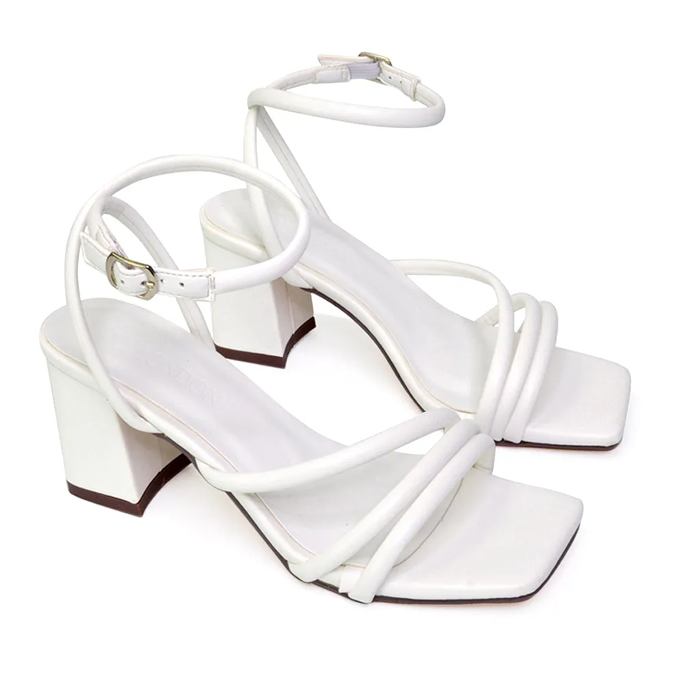 Trixie Square Toe Buckle Up Ankle Strappy Mid Block Heel Sandals in Orange
