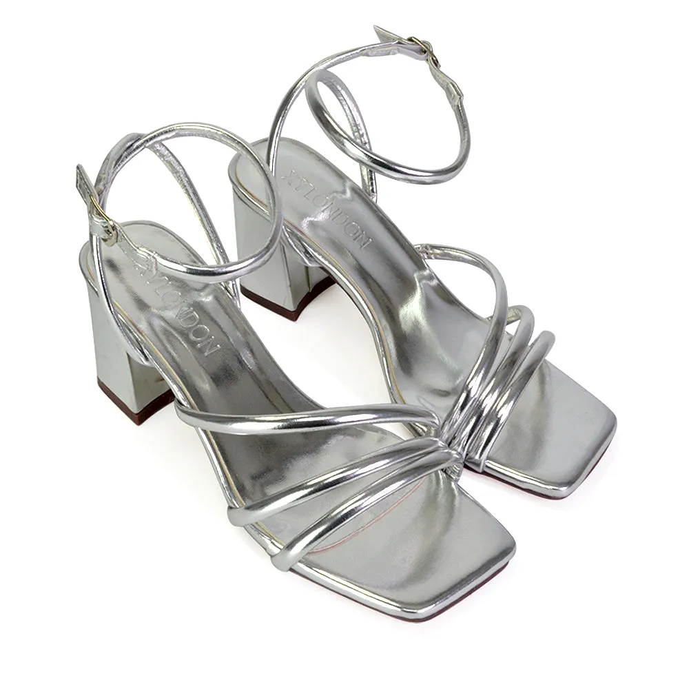 Trixie Square Toe Buckle Up Ankle Strappy Mid Block Heel Sandals in Orange