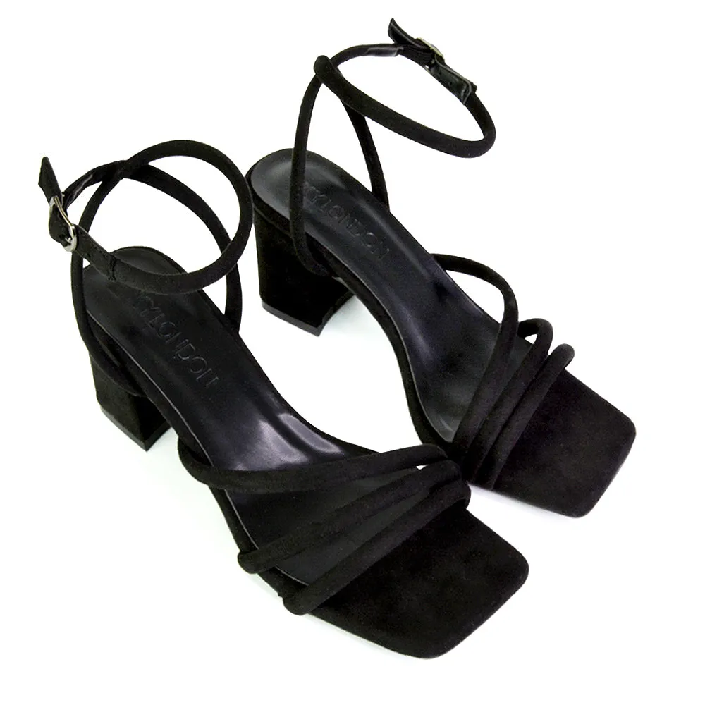 Trixie Square Toe Buckle Up Ankle Strappy Mid Block Heel Sandals in Orange