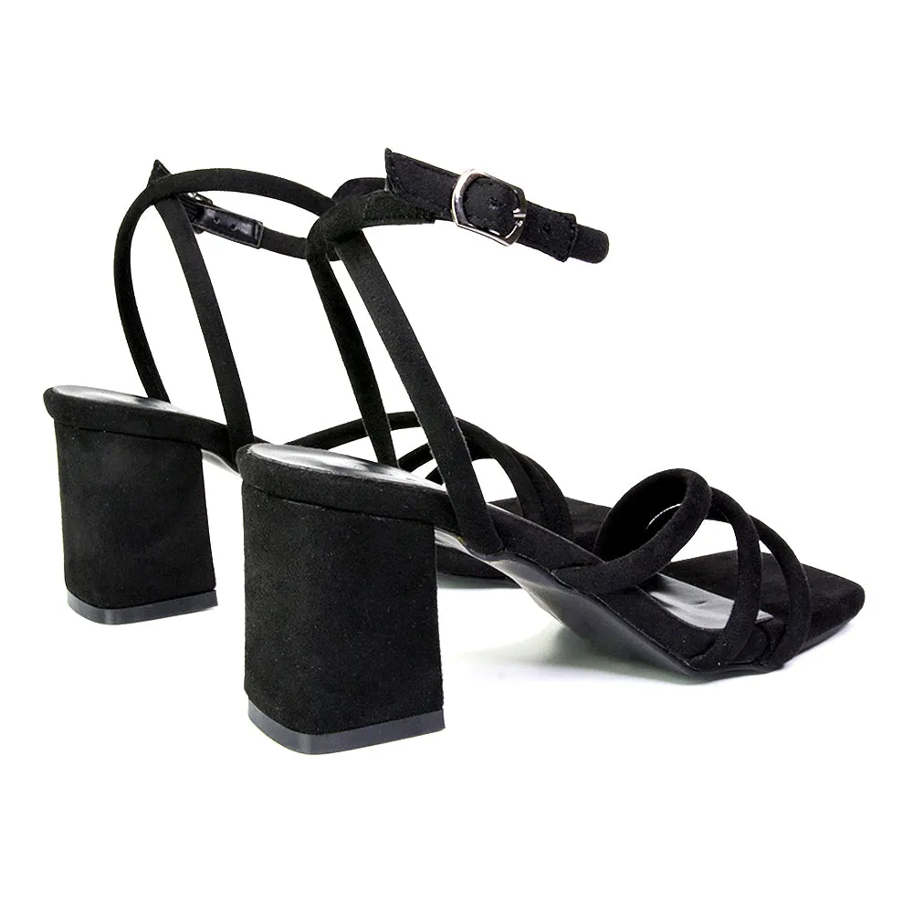 Trixie Square Toe Buckle Up Ankle Strappy Mid Block Heel Sandals in Orange