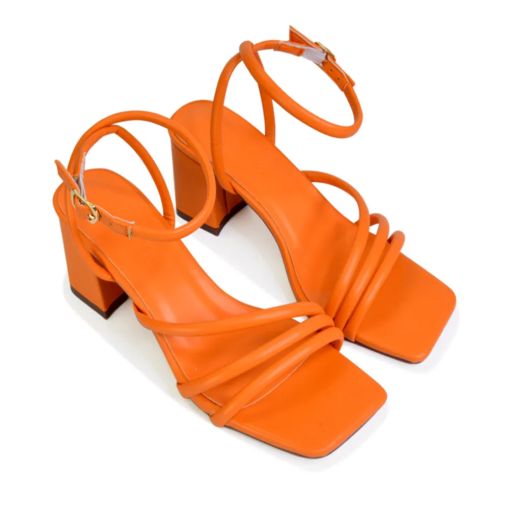Trixie Square Toe Buckle Up Ankle Strappy Mid Block Heel Sandals in Orange