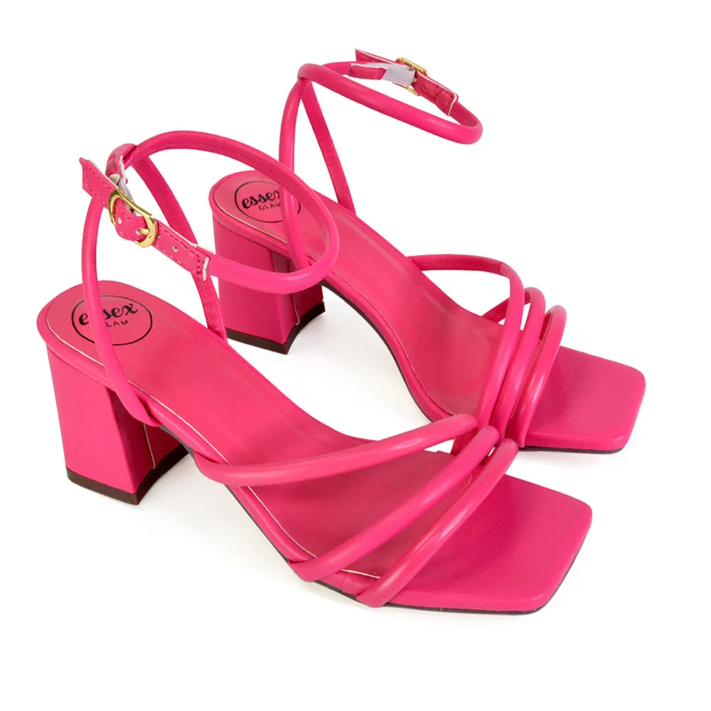Trixie Square Toe Buckle Up Ankle Strappy Mid Block Heel Sandals in Orange