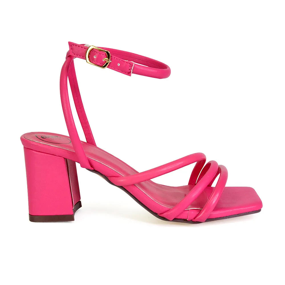 Trixie Square Toe Buckle Up Ankle Strappy Mid Block Heel Sandals in Orange