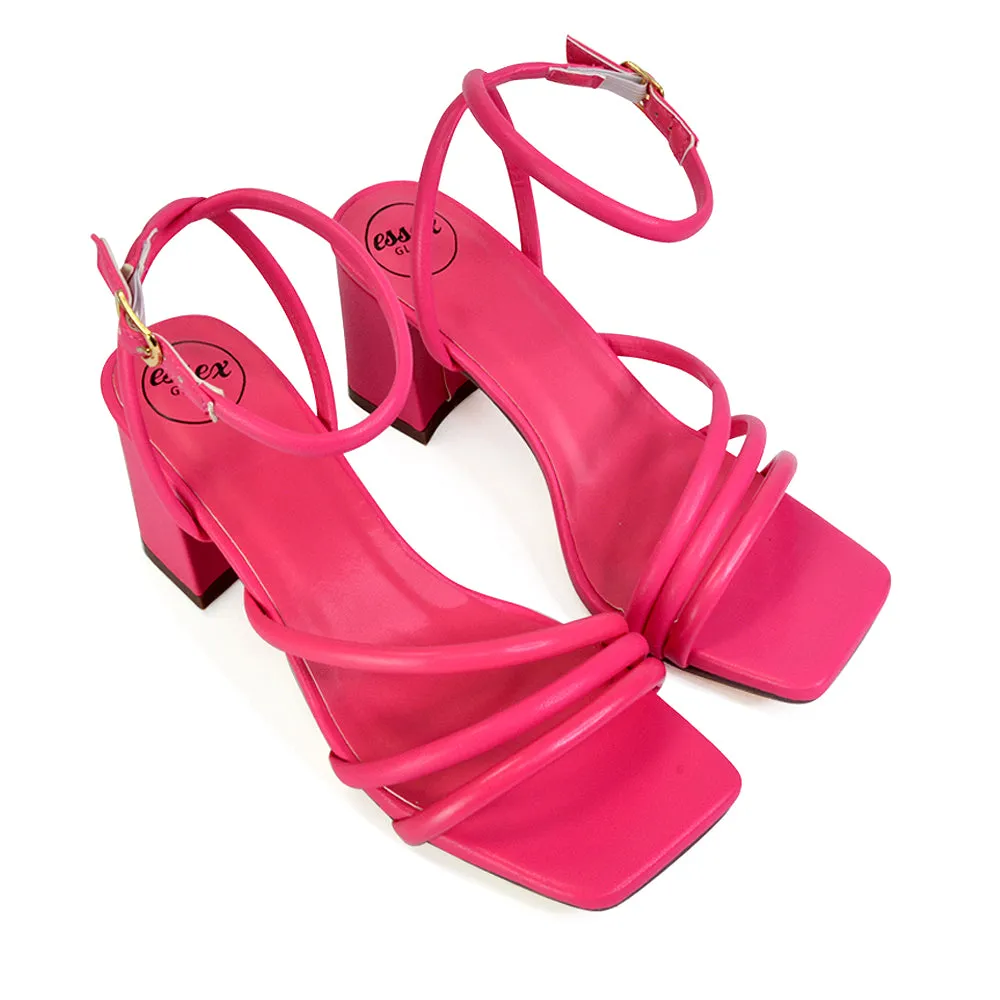 Trixie Square Toe Buckle Up Ankle Strappy Mid Block Heel Sandals in Orange