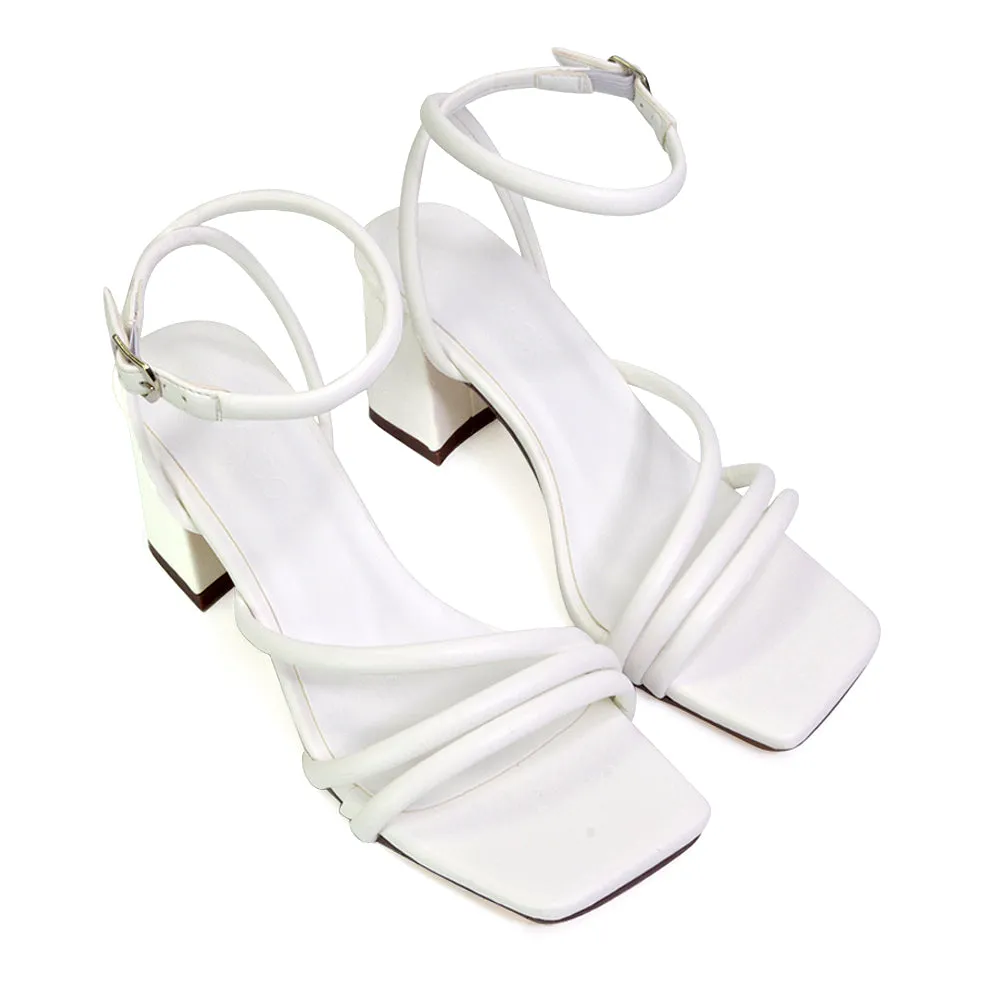 Trixie Square Toe Buckle Up Ankle Strappy Mid Block Heel Sandals in Orange
