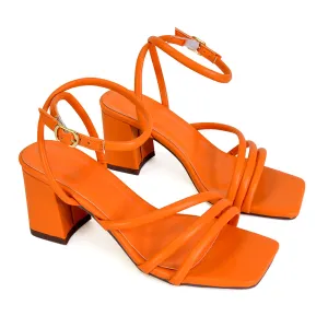 Trixie Square Toe Buckle Up Ankle Strappy Mid Block Heel Sandals in Orange