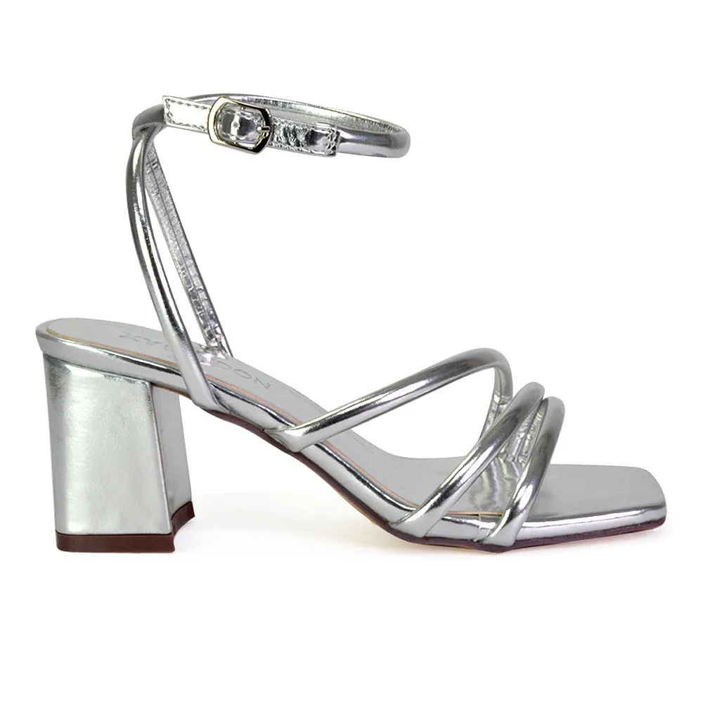 Trixie Square Toe Buckle Up Ankle Strappy Mid Block Heel Sandals in Orange