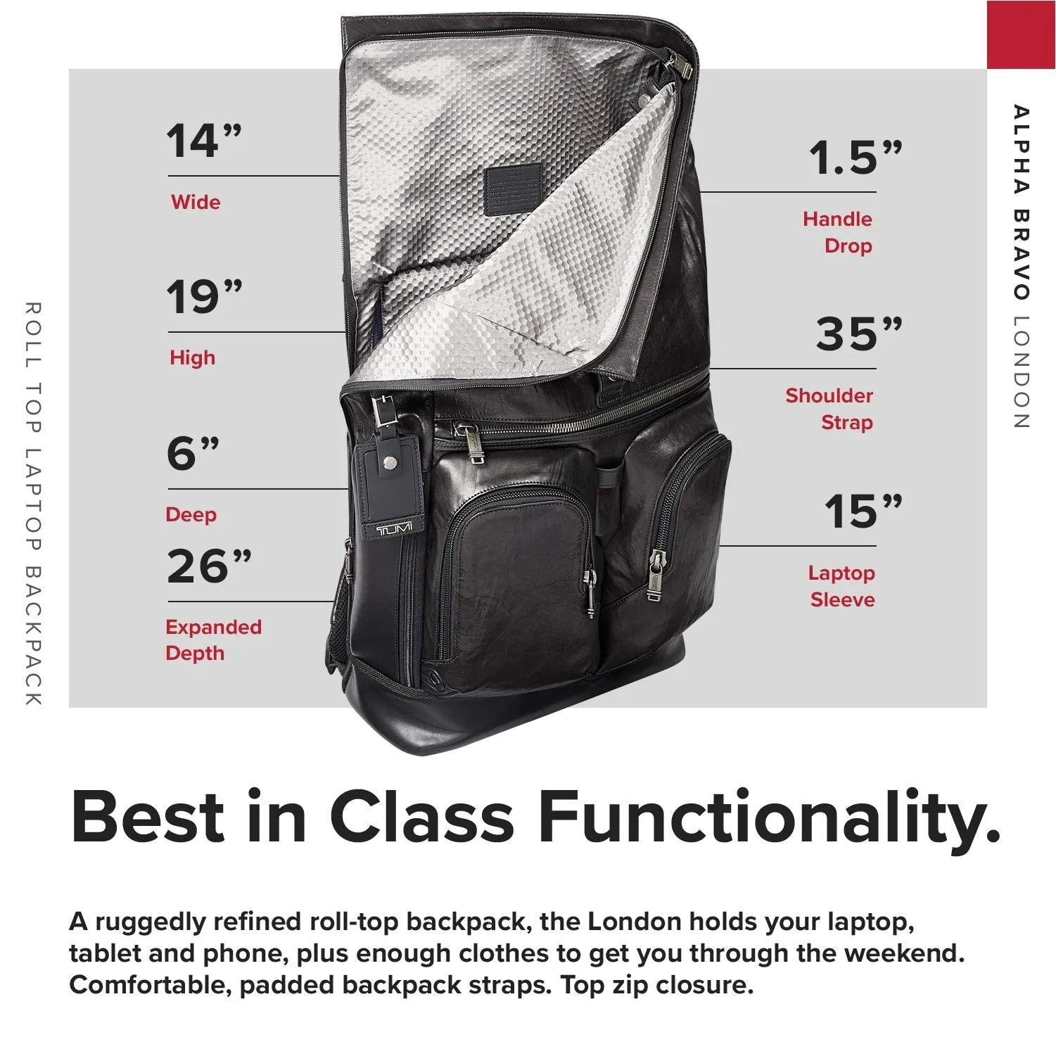TUMI - Alpha Bravo London Roll Top Leather Laptop Backpack - 15 Inch Computer Bag for Men and Women - Black