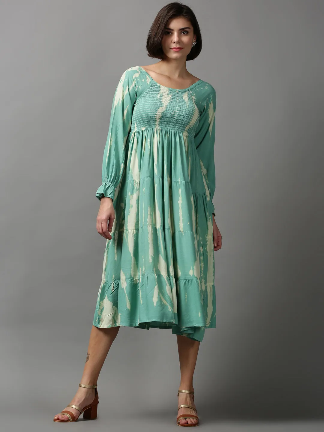 Women's Sea Green Tie Dye Fit and Flare Dress